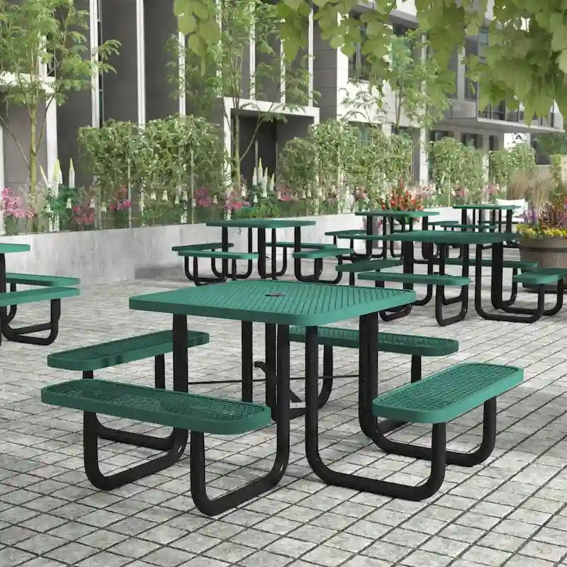 Commercial Grade Expanded Mesh Metal Outdoor Picnic Table with Anchors - 79.75D x 79.75W x 28.75H