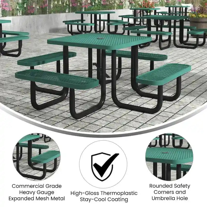 Commercial Grade Expanded Mesh Metal Outdoor Picnic Table with Anchors - 79.75D x 79.75W x 28.75H