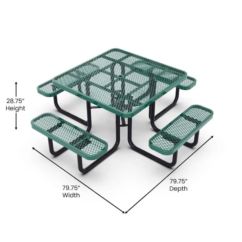 Commercial Grade Expanded Mesh Metal Outdoor Picnic Table with Anchors - 79.75D x 79.75W x 28.75H
