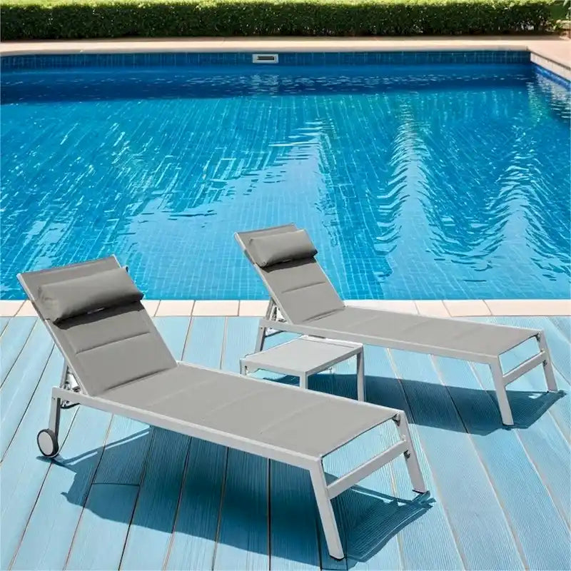 Adjustable Patio Chaise Lounge with Side Table and Wheel (Set of 3 )