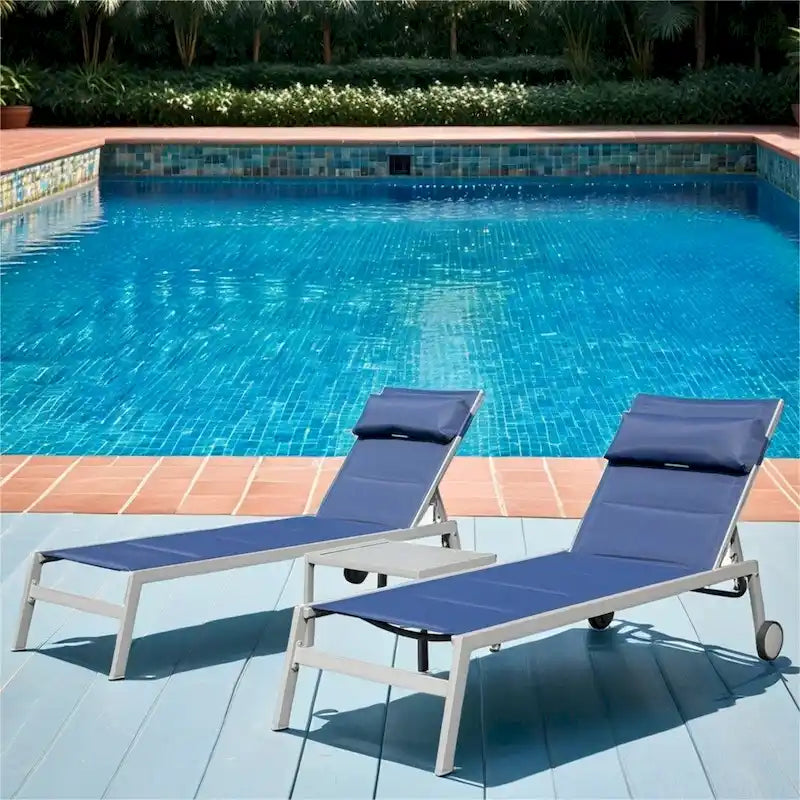 Adjustable Patio Chaise Lounge with Side Table and Wheel (Set of 3 )