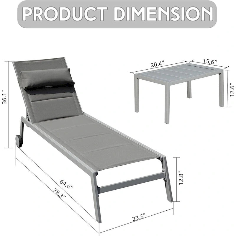 Adjustable Patio Chaise Lounge with Side Table and Wheel (Set of 3 )