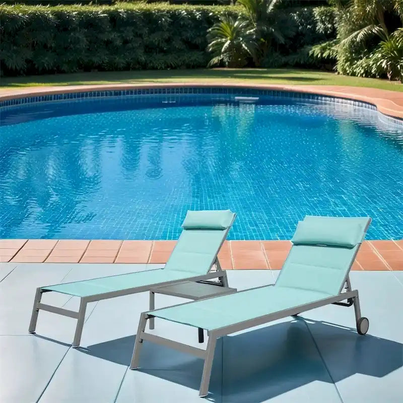 Adjustable Patio Chaise Lounge with Side Table and Wheel (Set of 3 )