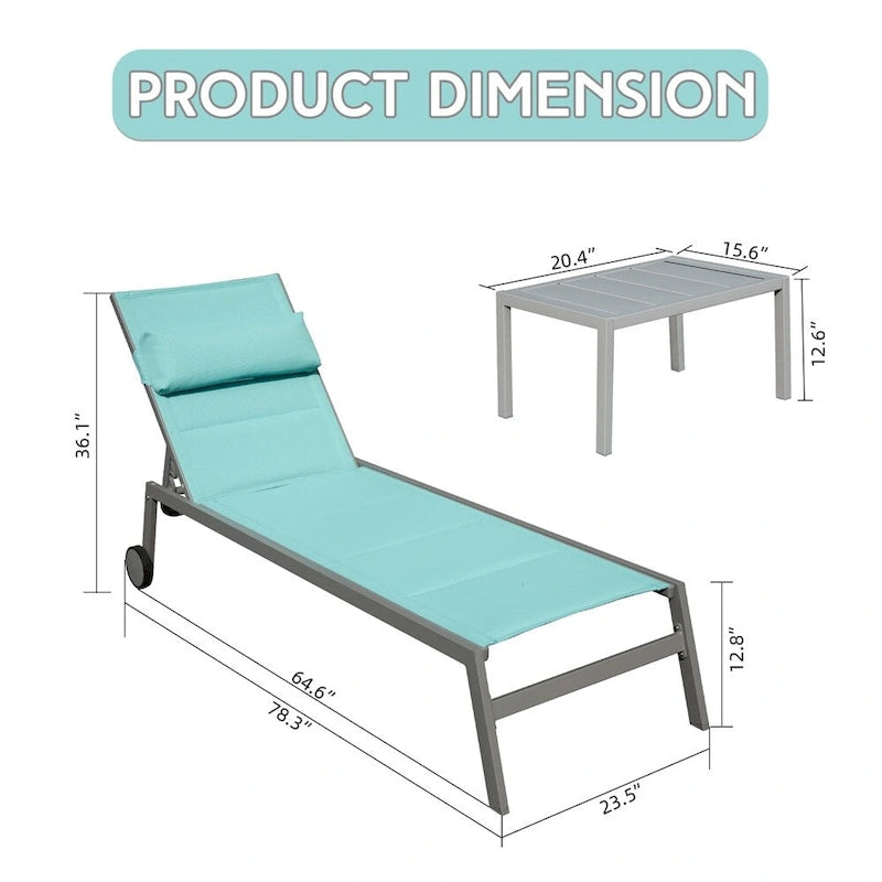 Adjustable Patio Chaise Lounge with Side Table and Wheel (Set of 3 )