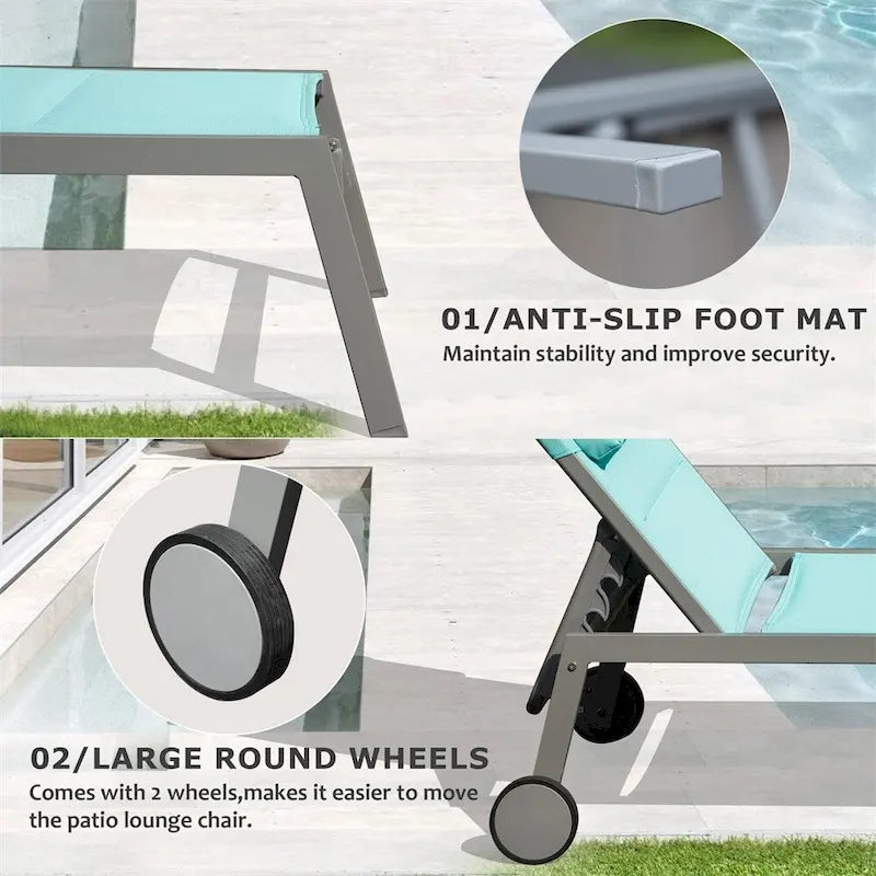Adjustable Patio Chaise Lounge with Side Table and Wheel (Set of 3 )