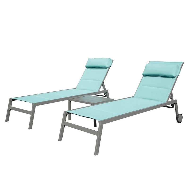 Adjustable Patio Chaise Lounge with Side Table and Wheel (Set of 3 )