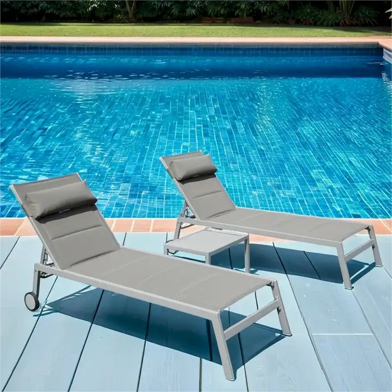 Adjustable Patio Chaise Lounge with Side Table and Wheel (Set of 3 )