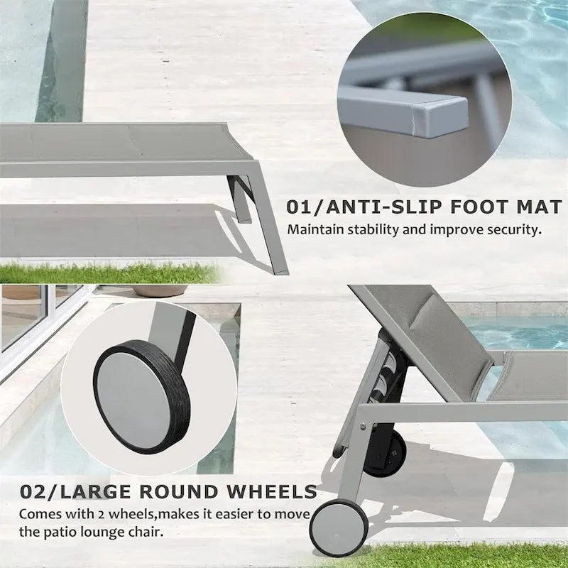 Adjustable Patio Chaise Lounge with Side Table and Wheel (Set of 3 )