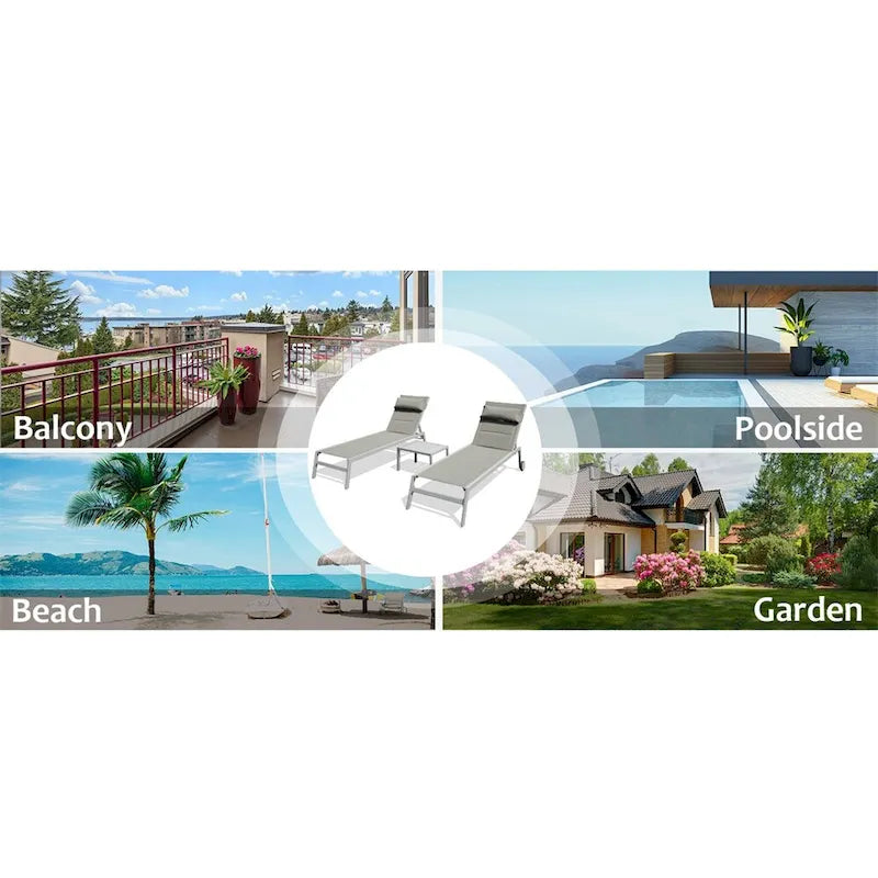 Adjustable Patio Chaise Lounge with Side Table and Wheel (Set of 3 )