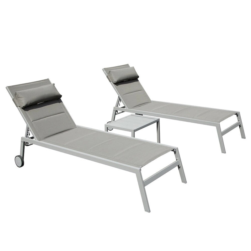 Adjustable Patio Chaise Lounge with Side Table and Wheel (Set of 3 )