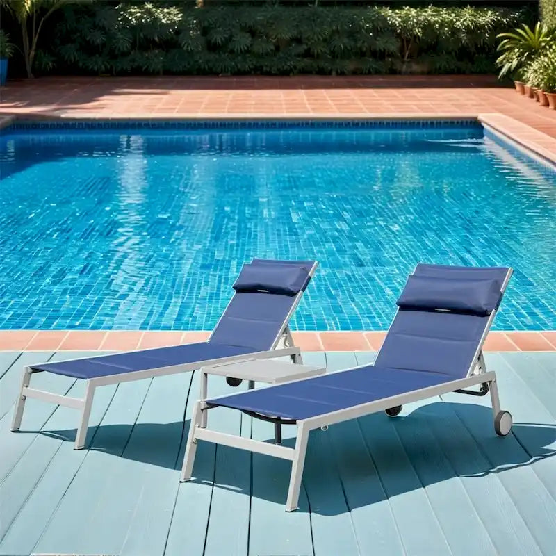 Adjustable Patio Chaise Lounge with Side Table and Wheel (Set of 3 )