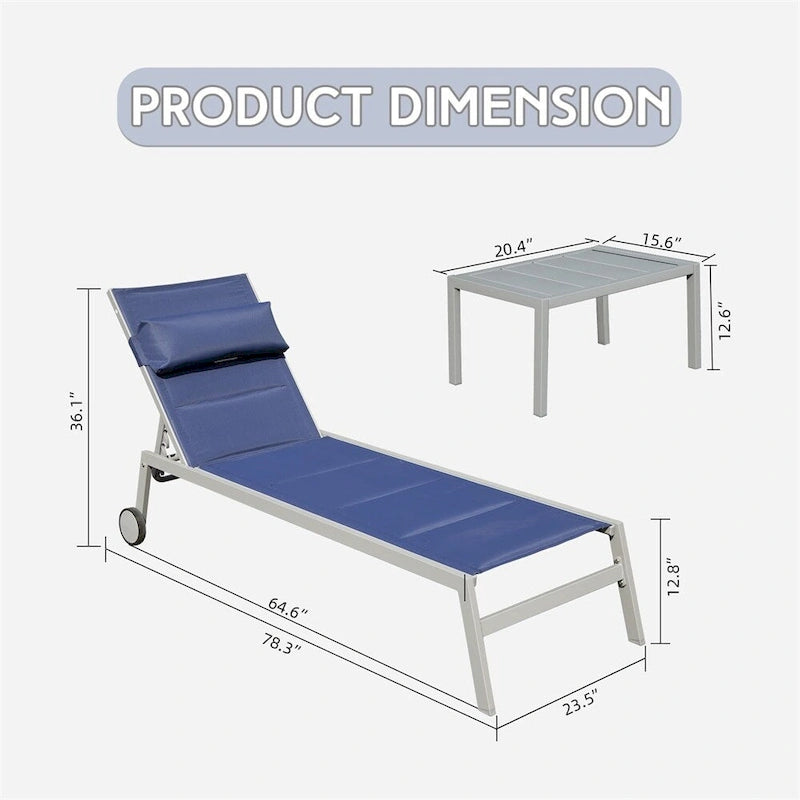 Adjustable Patio Chaise Lounge with Side Table and Wheel (Set of 3 )