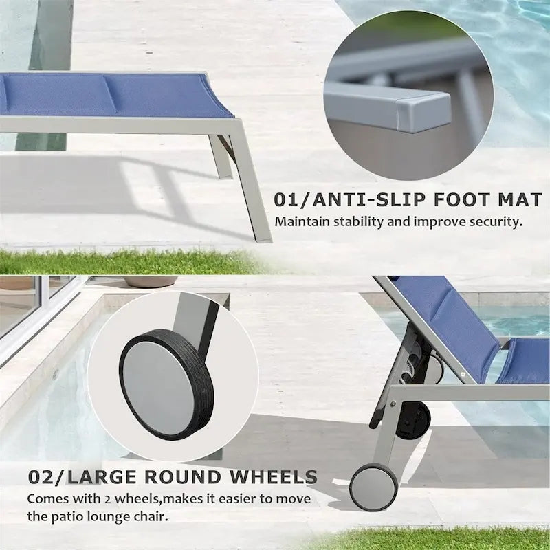 Adjustable Patio Chaise Lounge with Side Table and Wheel (Set of 3 )