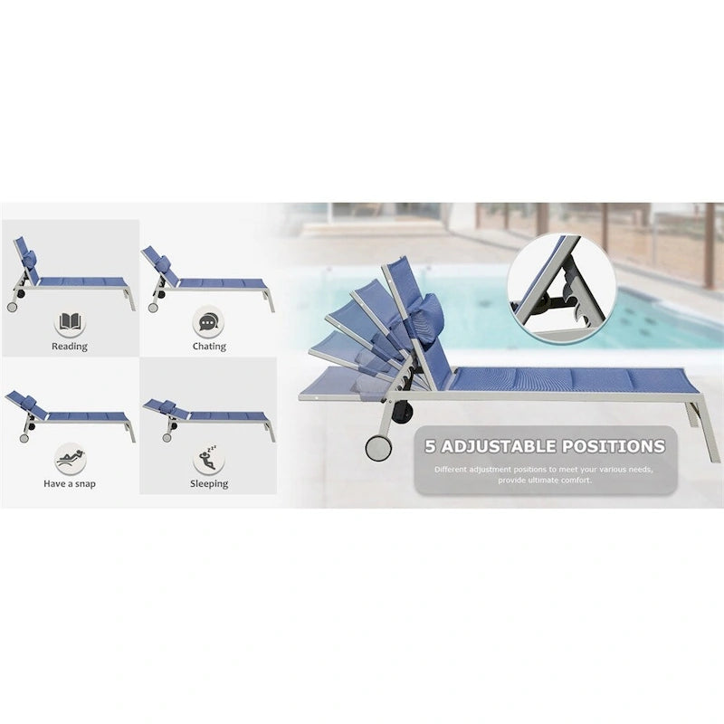 Adjustable Patio Chaise Lounge with Side Table and Wheel (Set of 3 )