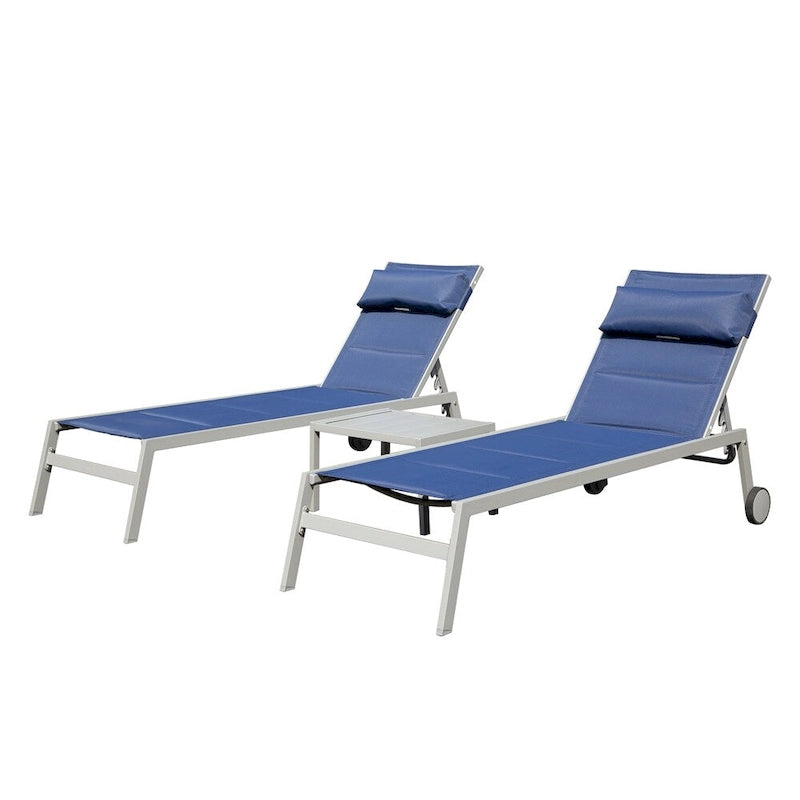 Adjustable Patio Chaise Lounge with Side Table and Wheel (Set of 3 )