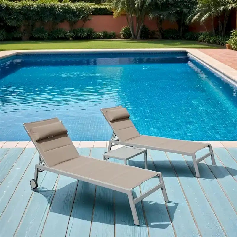Adjustable Patio Chaise Lounge with Side Table and Wheel (Set of 3 )