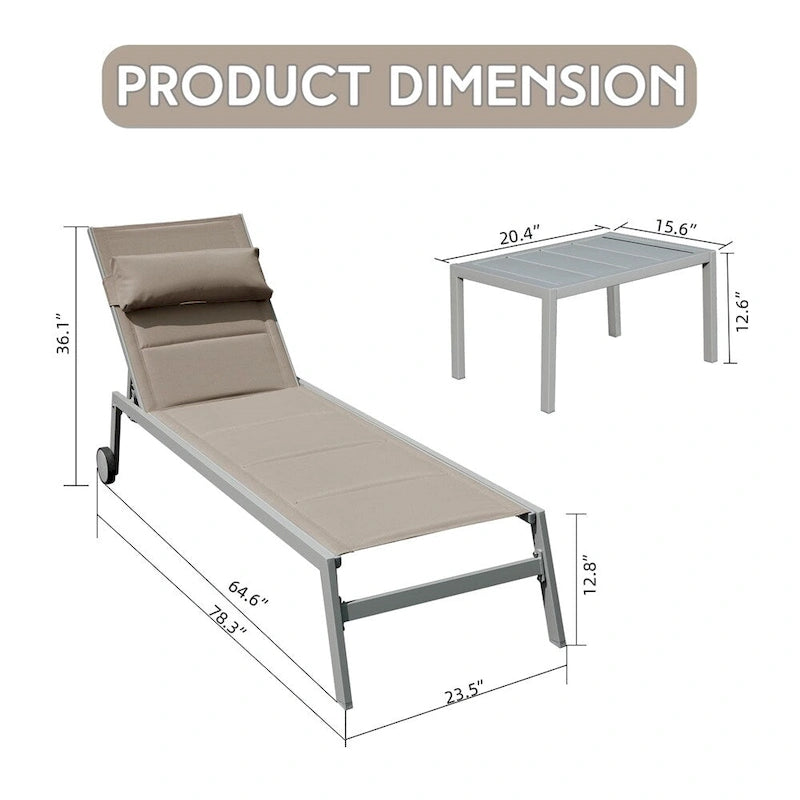 Adjustable Patio Chaise Lounge with Side Table and Wheel (Set of 3 )