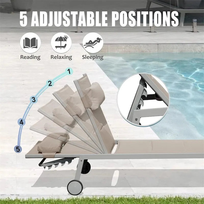 Adjustable Patio Chaise Lounge with Side Table and Wheel (Set of 3 )