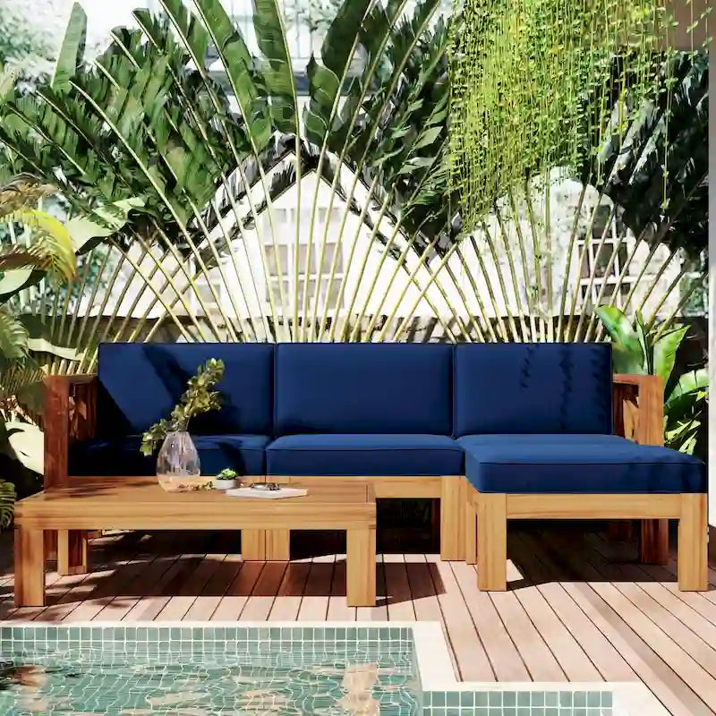 Patio Wood 5-Piece Sectional Sofa Seating Group Set with Cushions
