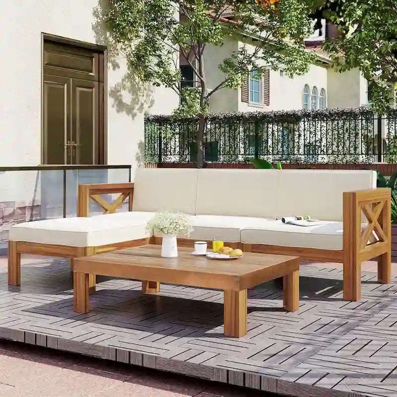 Patio Wood 5-Piece Sectional Sofa Seating Group Set with Cushions