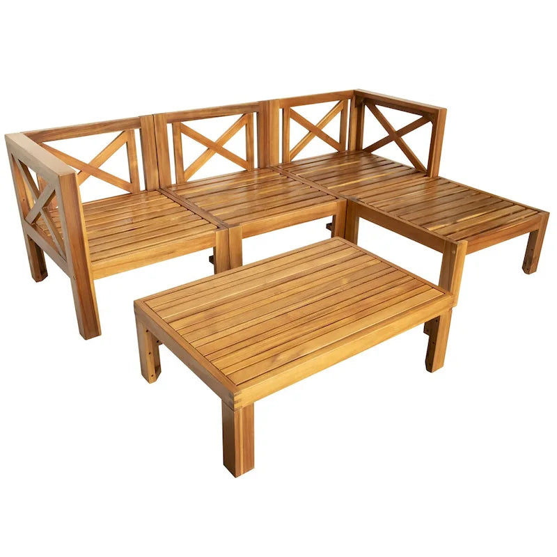 Patio Wood 5-Piece Sectional Sofa Seating Group Set with Cushions