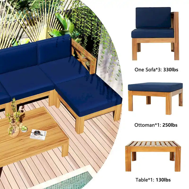 Patio Wood 5-Piece Sectional Sofa Seating Group Set with Cushions