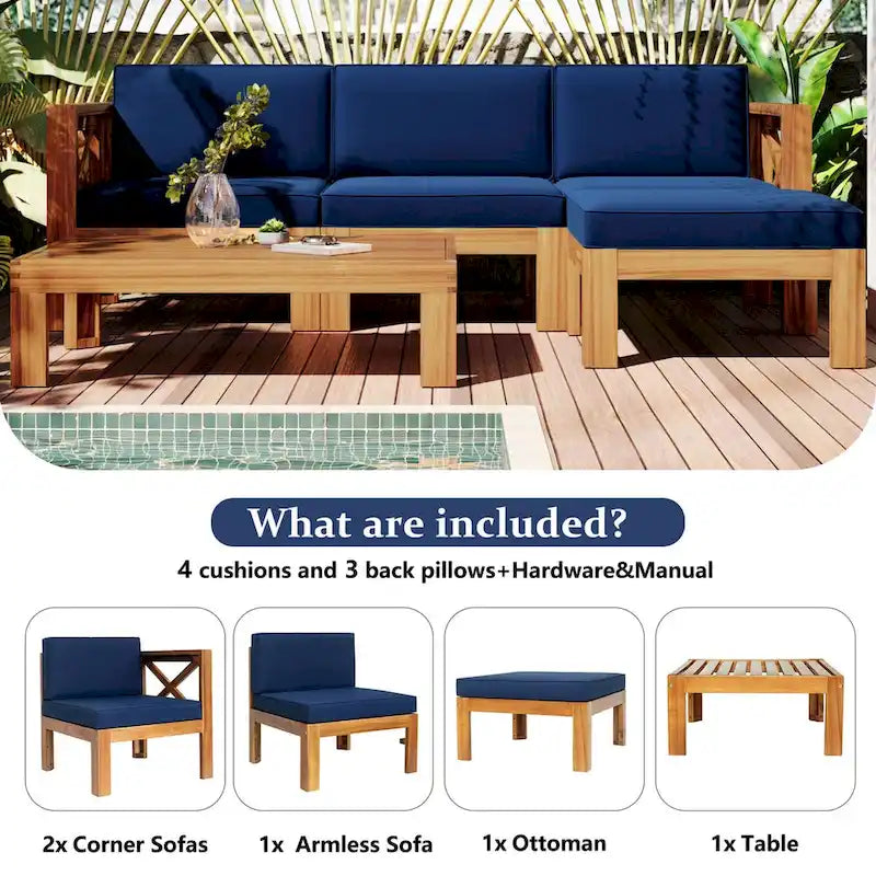Patio Wood 5-Piece Sectional Sofa Seating Group Set with Cushions