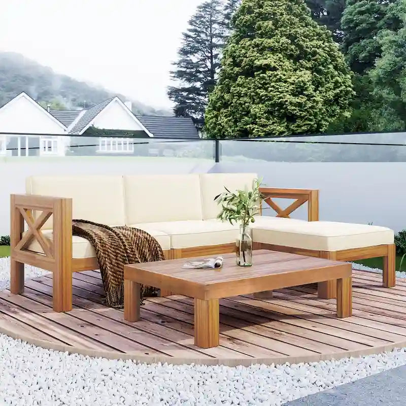 Patio Wood 5-Piece Sectional Sofa Seating Group Set with Cushions