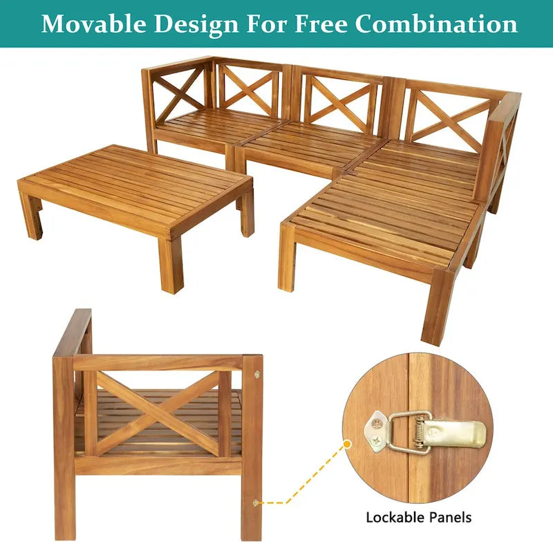 Patio Wood 5-Piece Sectional Sofa Seating Group Set with Cushions