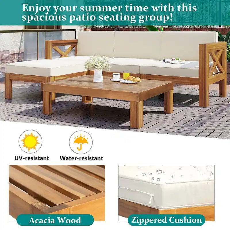Patio Wood 5-Piece Sectional Sofa Seating Group Set with Cushions