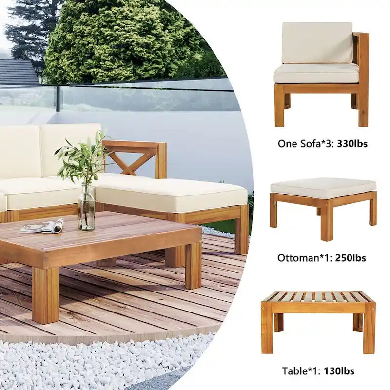 Patio Wood 5-Piece Sectional Sofa Seating Group Set with Cushions