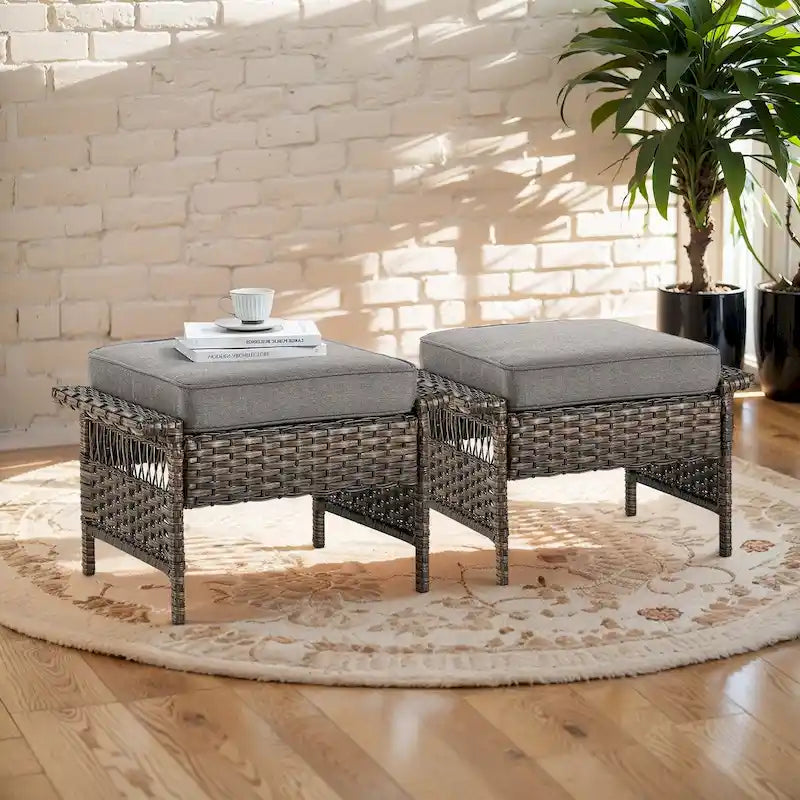 Gymojoy 2 Rattan Patio Ottoman Footrest Wicker Footstool - Brown