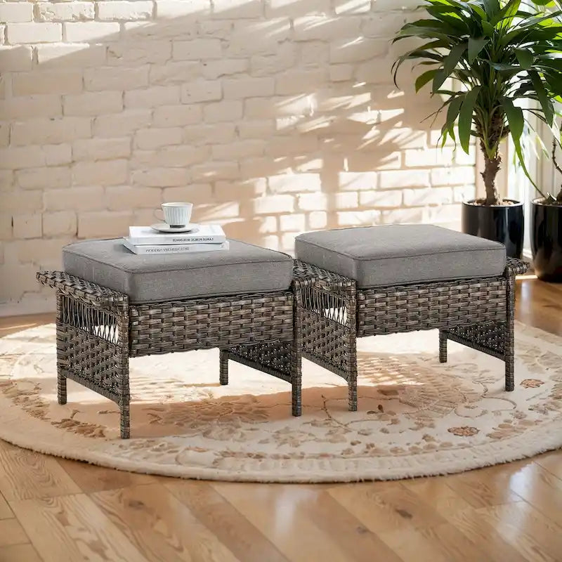 Gymojoy 2 Rattan Patio Ottoman Footrest Wicker Footstool - Brown
