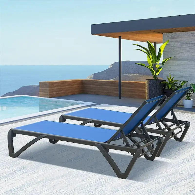 5 Adjustable Aluminium Polypropylene Outdoor Chaise Lounge Chairs in Blue, 2 Lounge Chairs - N/A