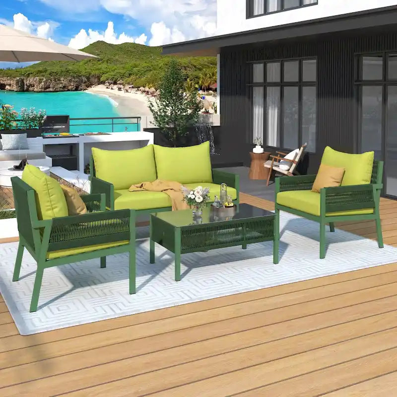 4-Piece Patio Conversation Set with Tempered Glass Table