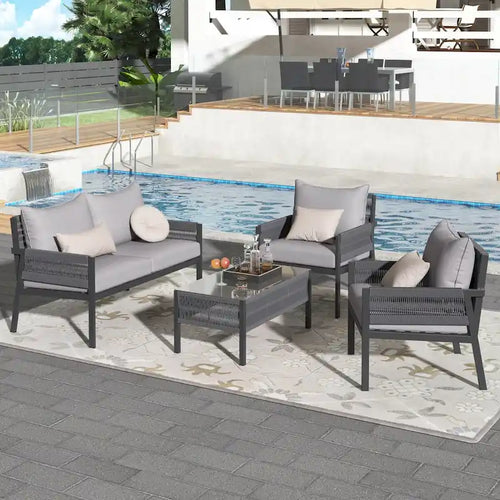 4-Piece Patio Conversation Set with Tempered Glass Table