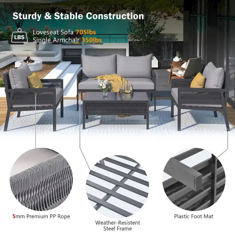 4-Piece Patio Conversation Set with Tempered Glass Table