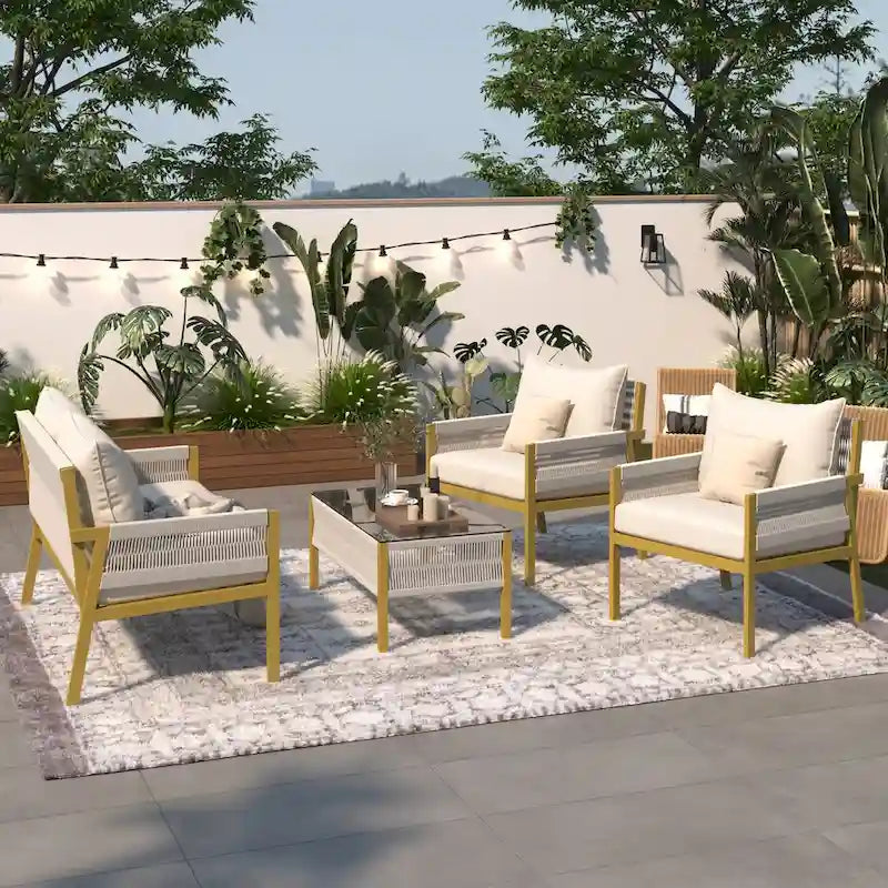4-Piece Patio Conversation Set with Tempered Glass Table