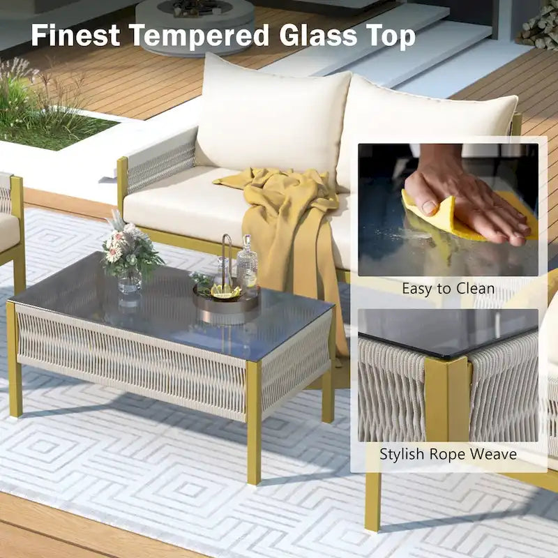 4-Piece Patio Conversation Set with Tempered Glass Table