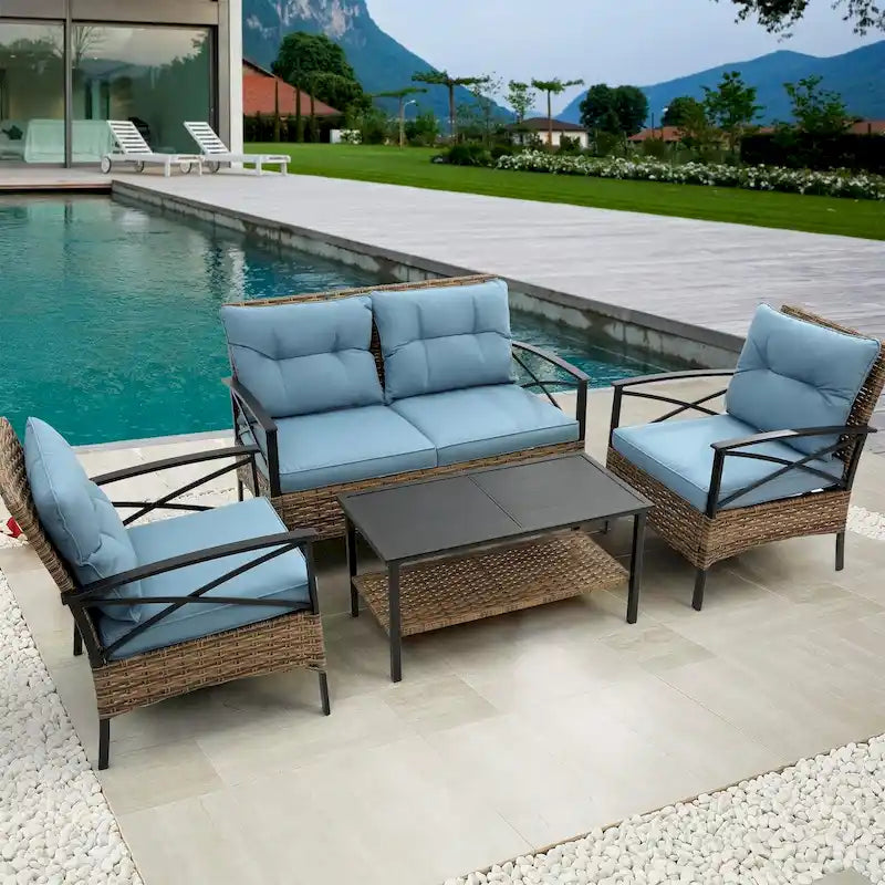 Patio 4 Piece Sectional Low Dining Conversation Sofa Set