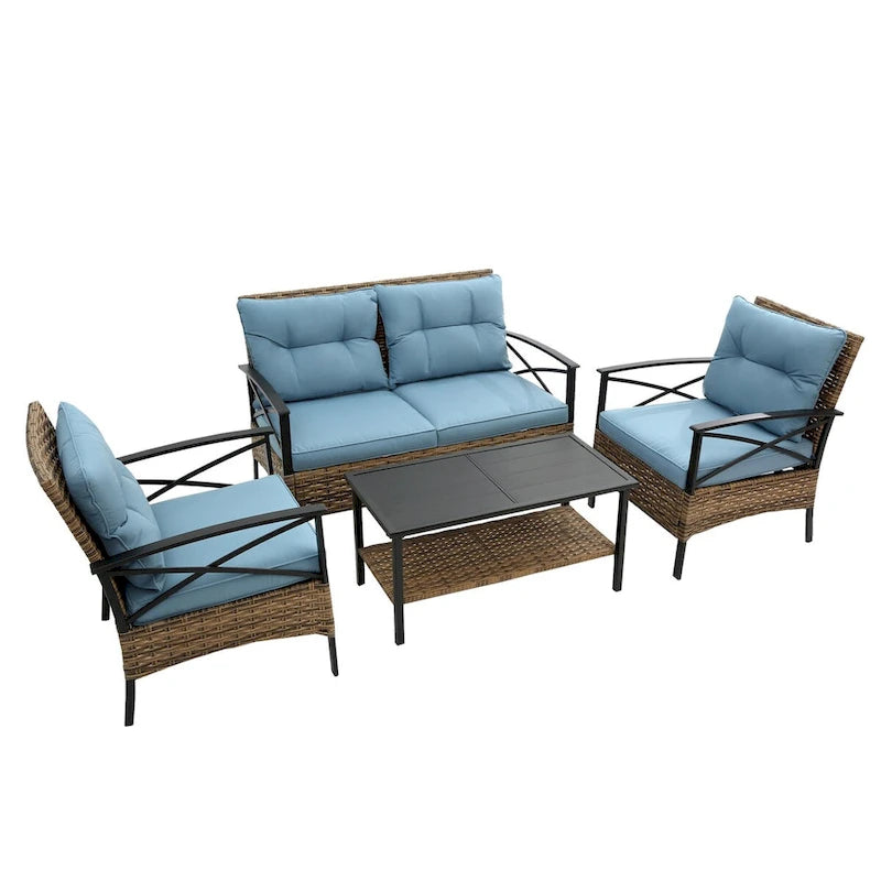 Patio 4 Piece Sectional Low Dining Conversation Sofa Set