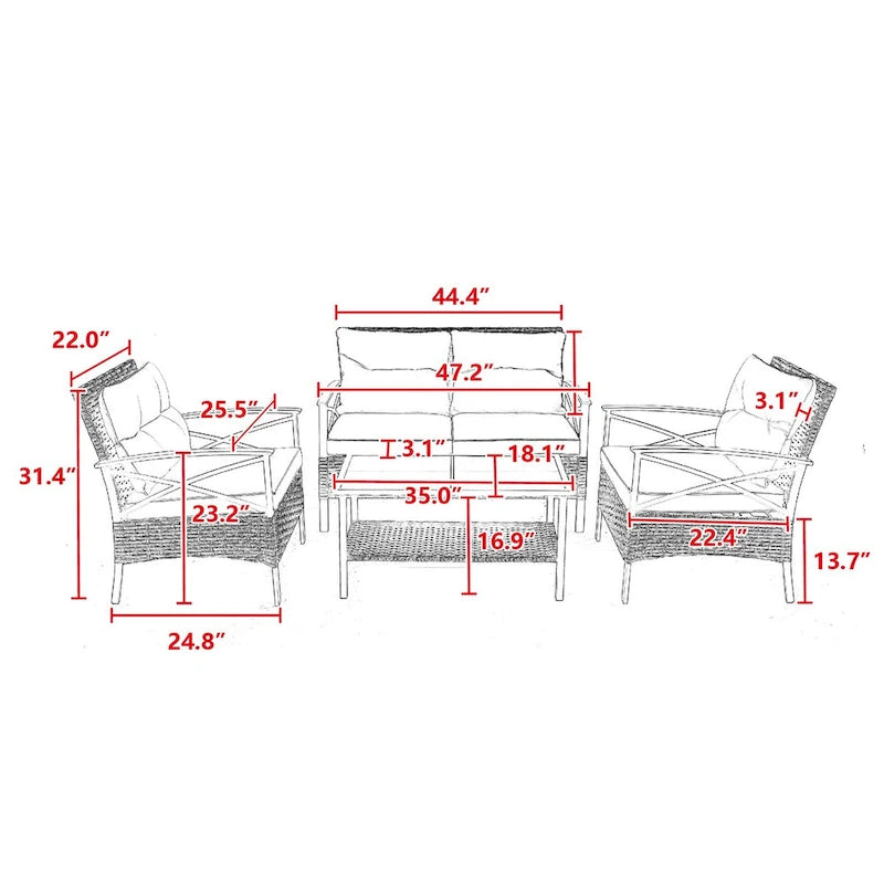Patio 4 Piece Sectional Low Dining Conversation Sofa Set