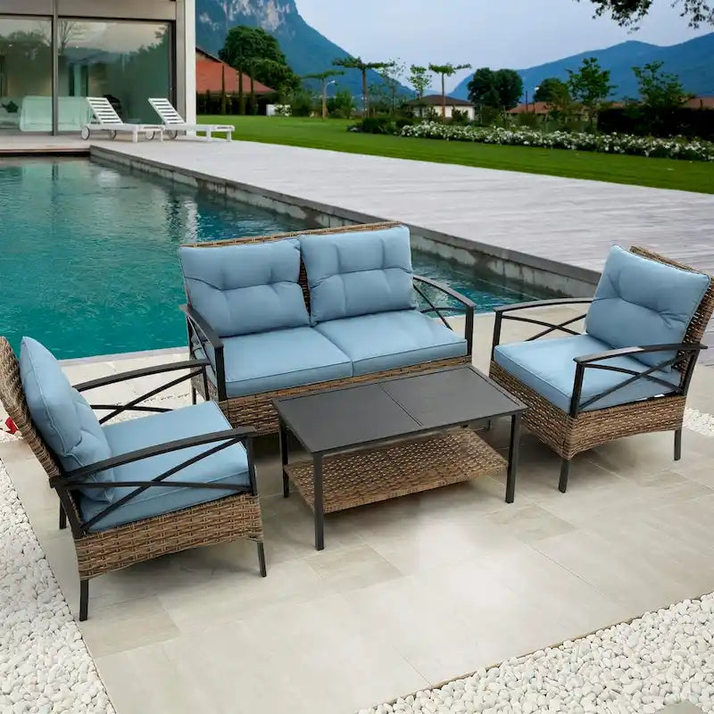 Patio 4 Piece Sectional Low Dining Conversation Sofa Set
