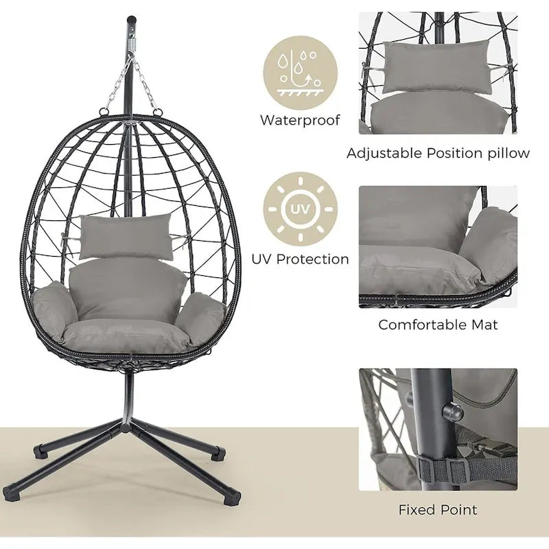 Egg Chair with Stand, Outdoor Swing Chair, Patio Wicker Hanging Egg Chair for Bedroom Living Room Balcony