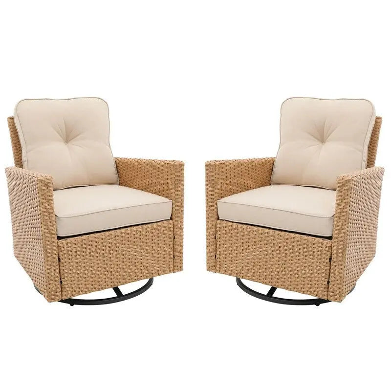 Patio Watcher 2 Pieces Outdoor Beige Rattan 360 Degree Swing Patio Conversation Chair Set with Cushions