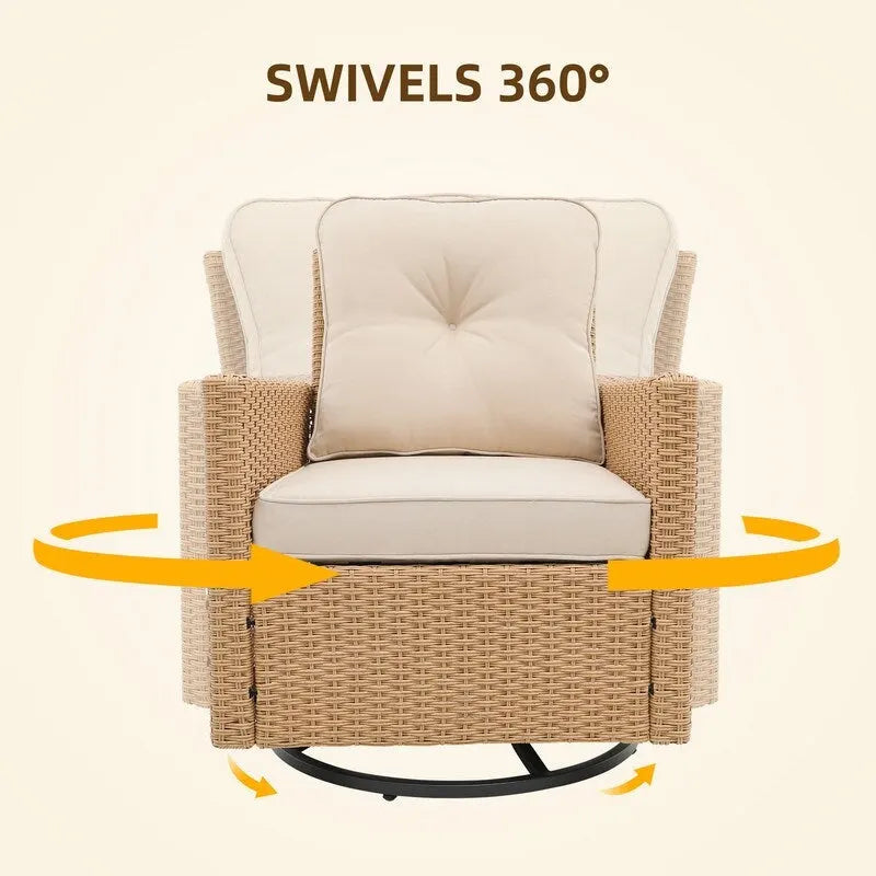 Patio Watcher 2 Pieces Outdoor Beige Rattan 360 Degree Swing Patio Conversation Chair Set with Cushions