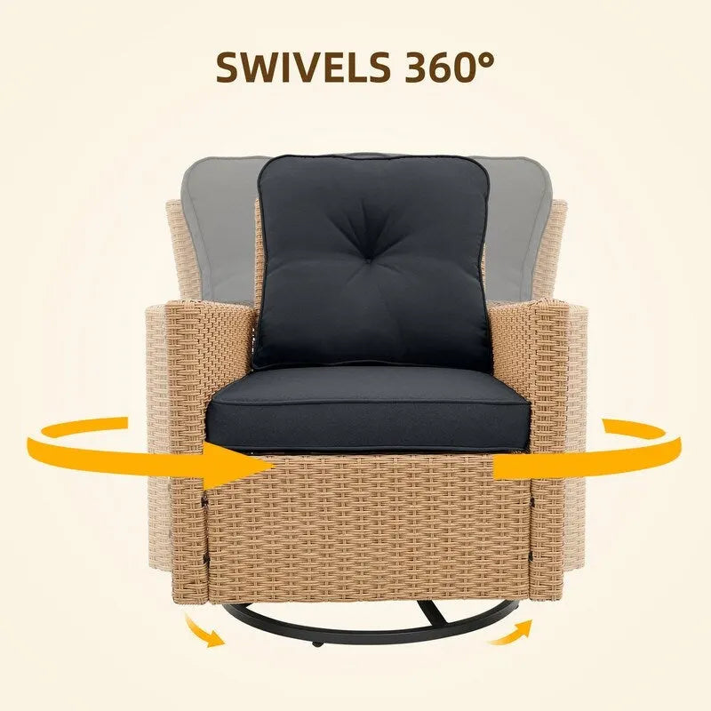 Patio Watcher 2 Pieces Outdoor Beige Rattan 360 Degree Swing Patio Conversation Chair Set with Cushions
