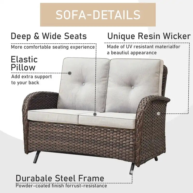2 Seater Wicker Sofa Chai with Coffee Table - Brown