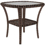 Outdoor Rattan Coffee Table with Storage Shelf, Wicker Side Table with Glass Top