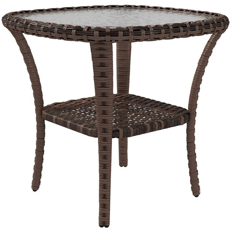 Outdoor Rattan Coffee Table with Storage Shelf, Wicker Side Table with Glass Top